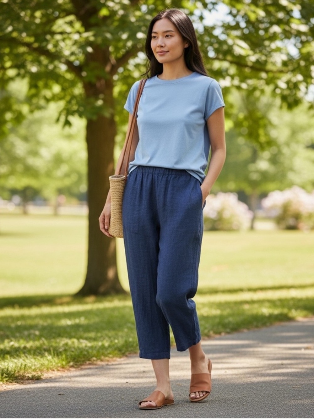 J. Jill Blue Linen Crop Pull on Pants Size: Large